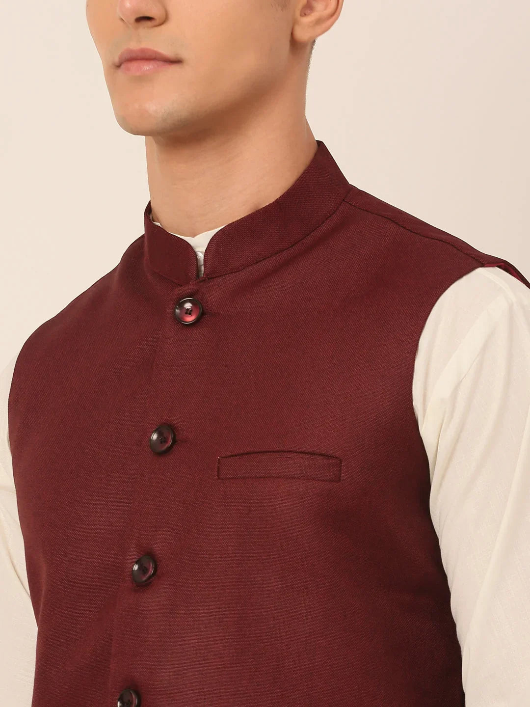 Men's Solid Kurta Pyjama With Nehru Jacket ( JOKPWC W-F 4046Maroon )-JOKPWC-W-F-4046