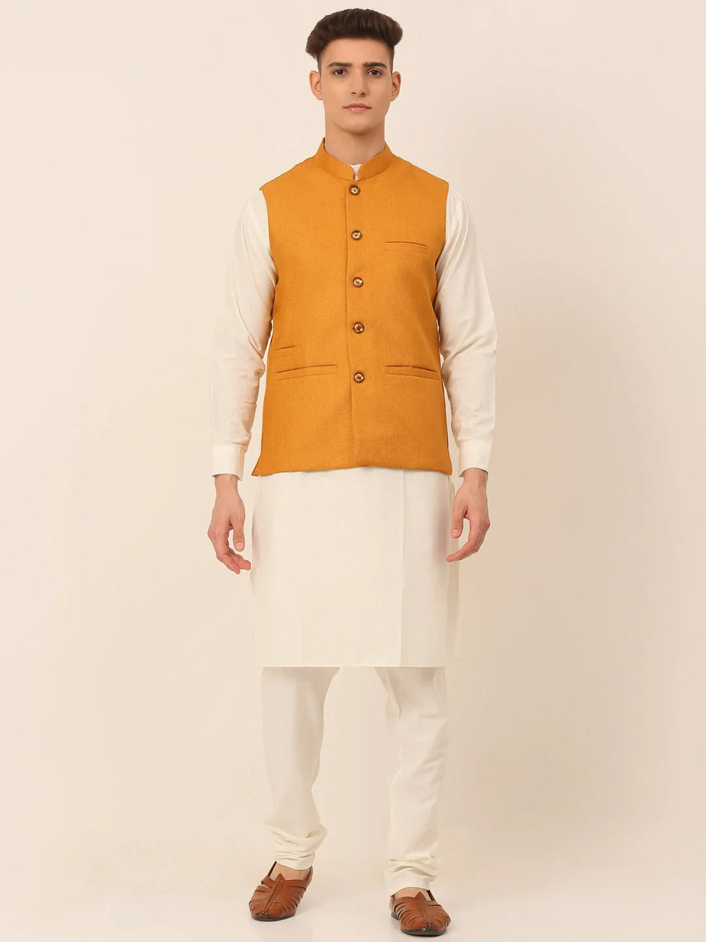 Men's Solid Kurta Pyjama With Nehru Jacket ( JOKPWC W-F 4046Mustard )-JOKPWC-W-F-4046