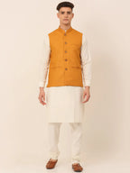 Men's Solid Kurta Pyjama With Nehru Jacket ( JOKPWC W-F 4046Mustard )-JOKPWC-W-F-4046