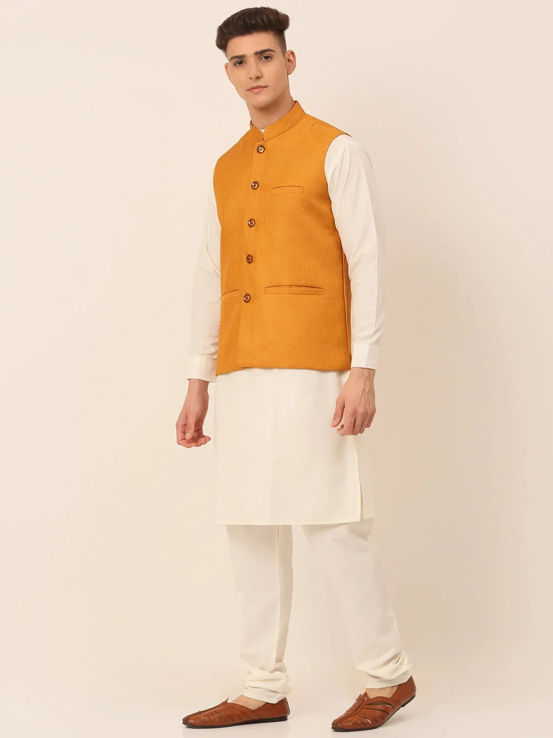 Men's Solid Kurta Pyjama With Nehru Jacket ( JOKPWC W-F 4046Mustard )-JOKPWC-W-F-4046