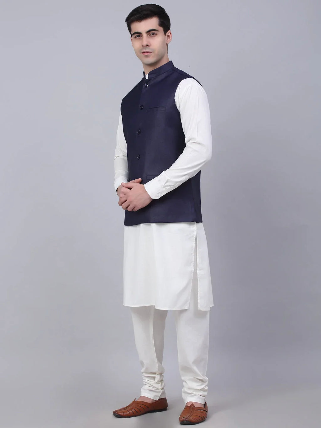 Men's Solid Kurta Pyjama With Nehru Jacket ( JOKPWC W-F 4046Navy )-JOKPWC-W-F-4046