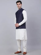 Men's Solid Kurta Pyjama With Nehru Jacket ( JOKPWC W-F 4046Navy )-JOKPWC-W-F-4046