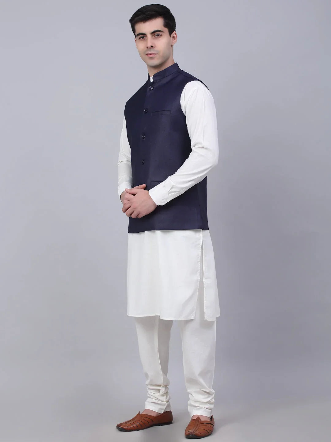 Men's Solid Kurta Pyjama With Nehru Jacket ( JOKPWC W-F 4046Navy )-JOKPWC-W-F-4046