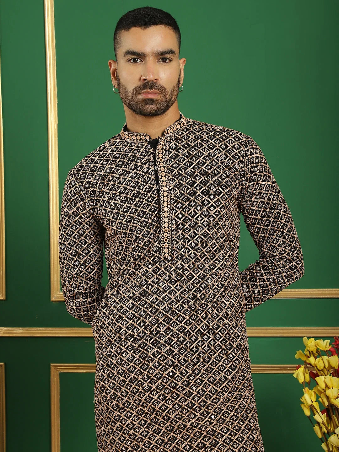 Sequin Embroidered Pure Cotton Kurta with Pyjamas-JOKP-B-P