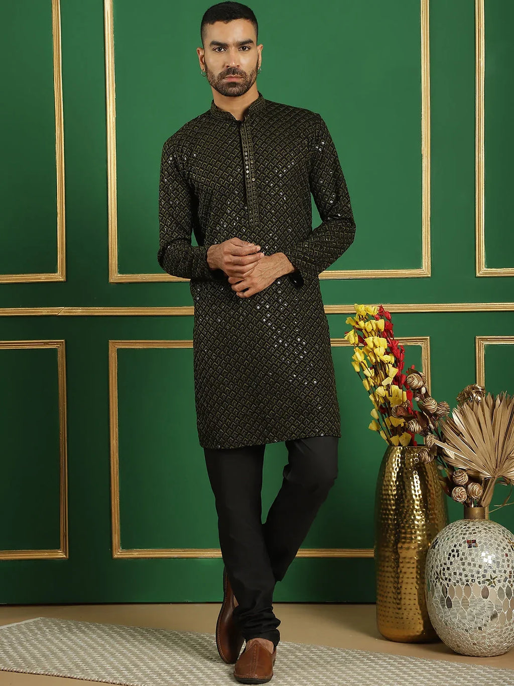 Sequin Embroidered Pure Cotton Kurta with Quality Pyjamas-JOKP-B-P