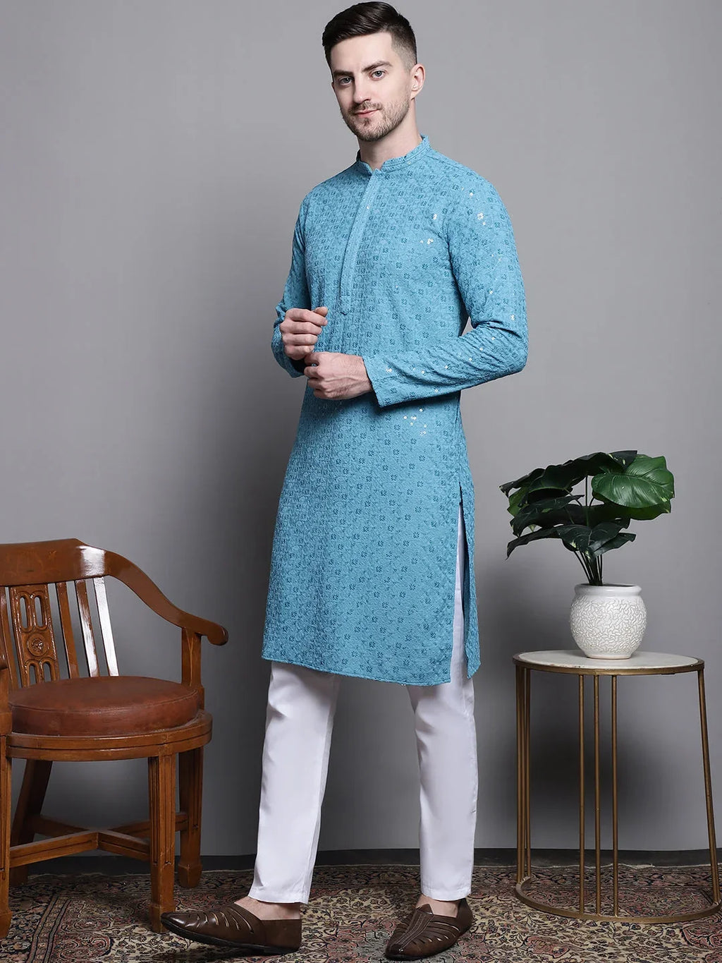 Sequin Embroidered Pure Cotton Light Kurta with Pyjamas