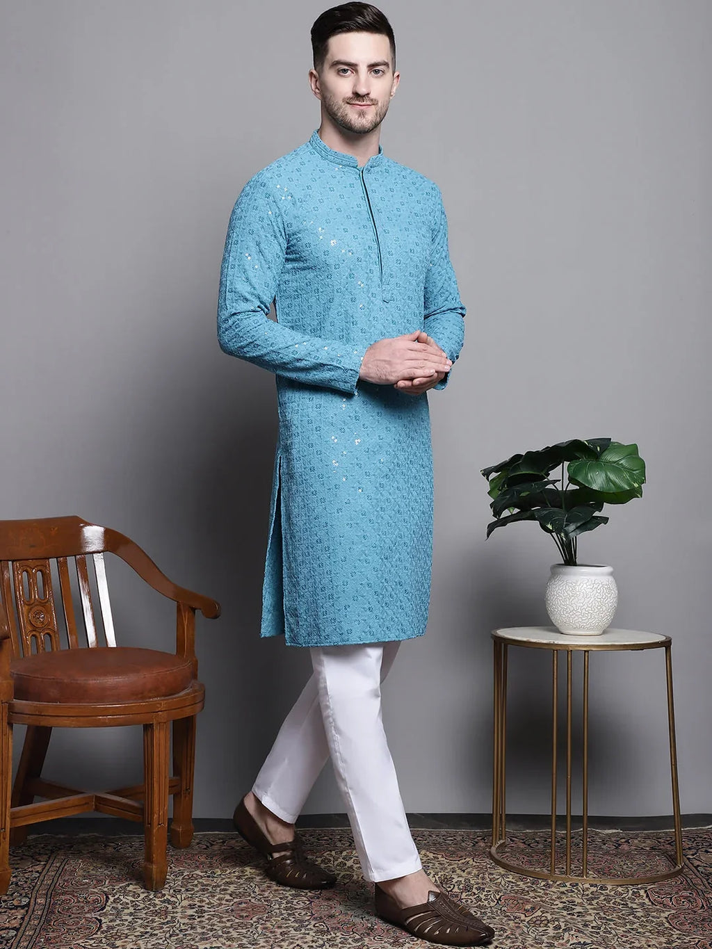 Sequin Embroidered Pure Cotton Light Kurta with Pyjamas