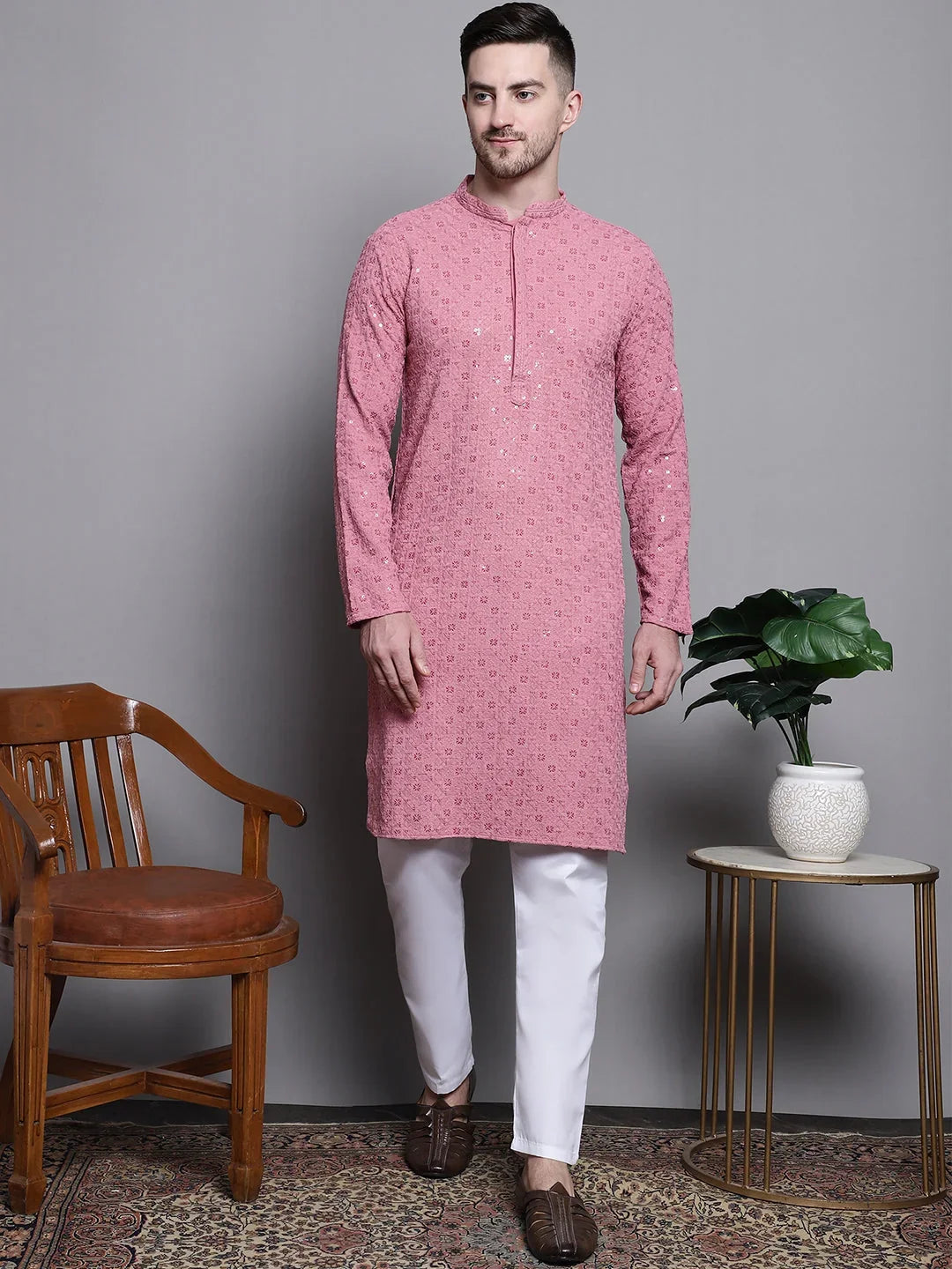Sequin Embroidered Pure Cotton Kurta with Pyjamas-JOKPQ