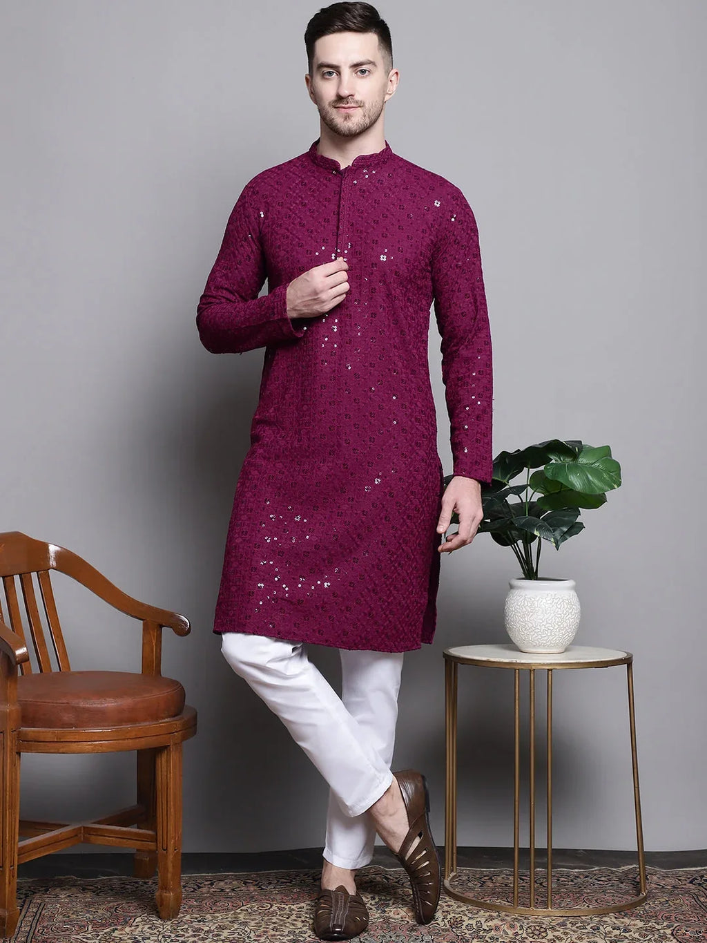 Sequin Styled Inn Embroidered Pure Cotton Kurta with Pyjamas
