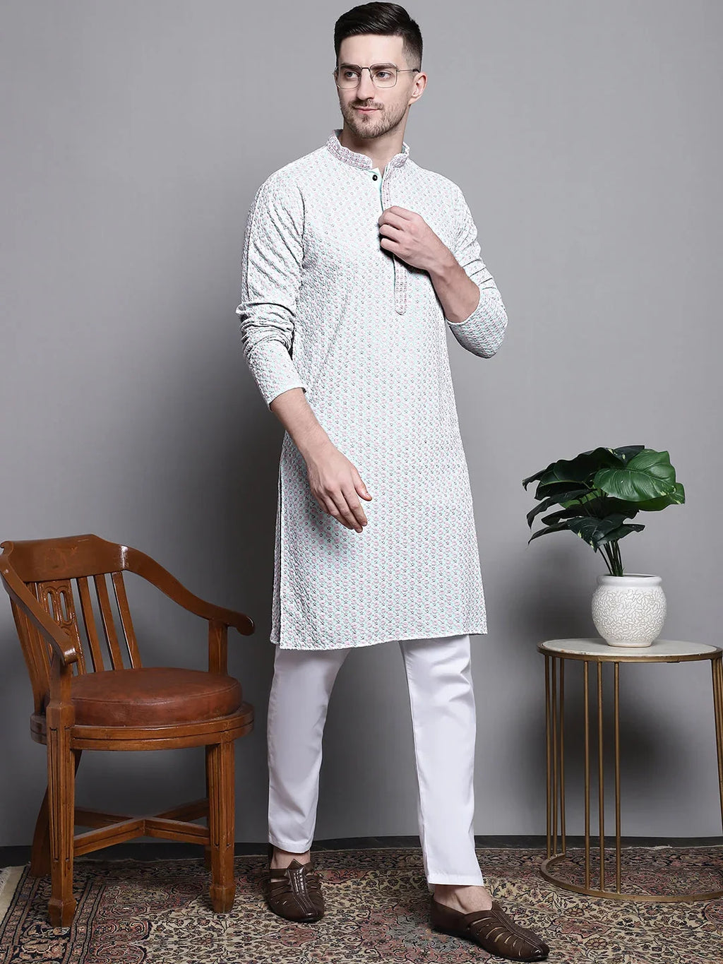 Sequin Embroidered Pure Cotton Kurta with Pyjamas-5008