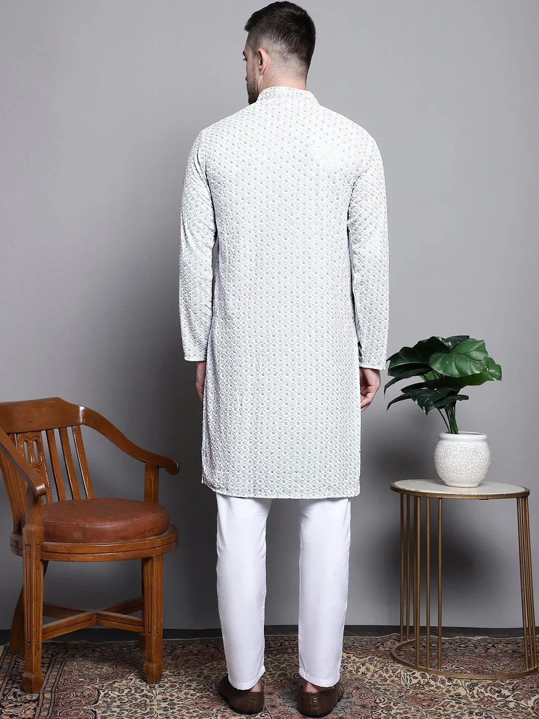 Sequin Embroidered Pure Cotton Kurta with Pyjamas-5008