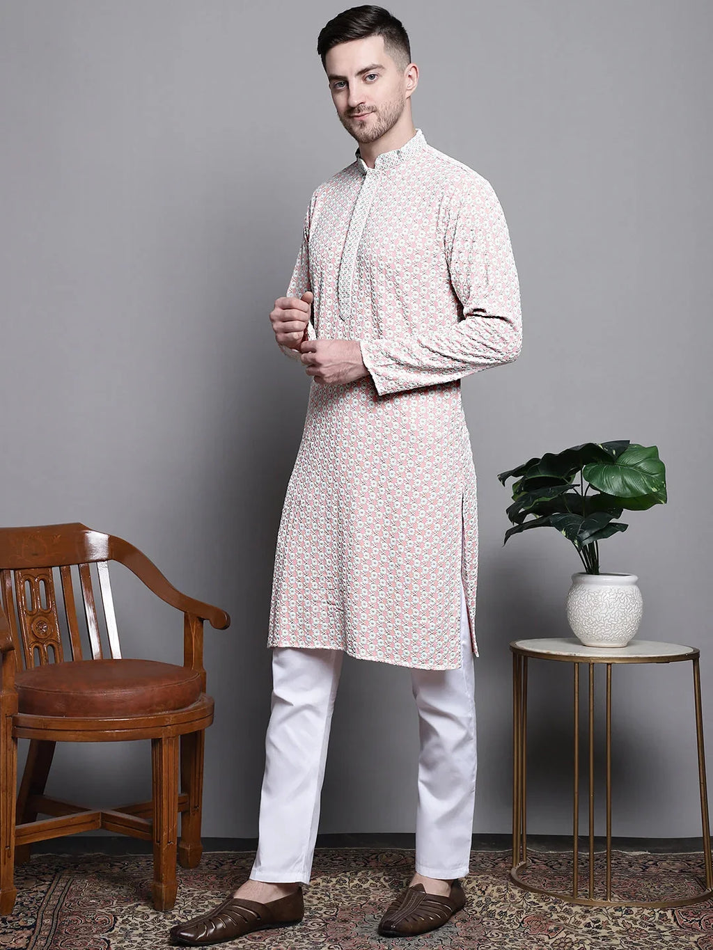 Sequin Styled Embroidered Pure Cotton Kurta with Pyjamas