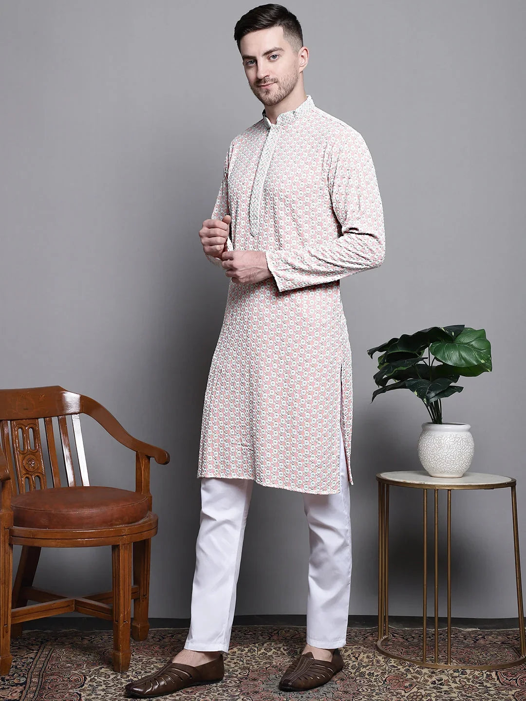 Sequin Styled Embroidered Pure Cotton Kurta with Pyjamas