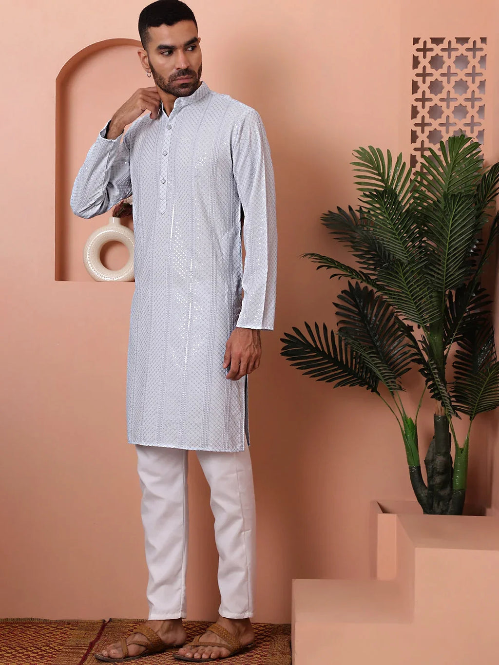 Men's Sequins Embroidered Kurta with Pyjama-JOKP-PW