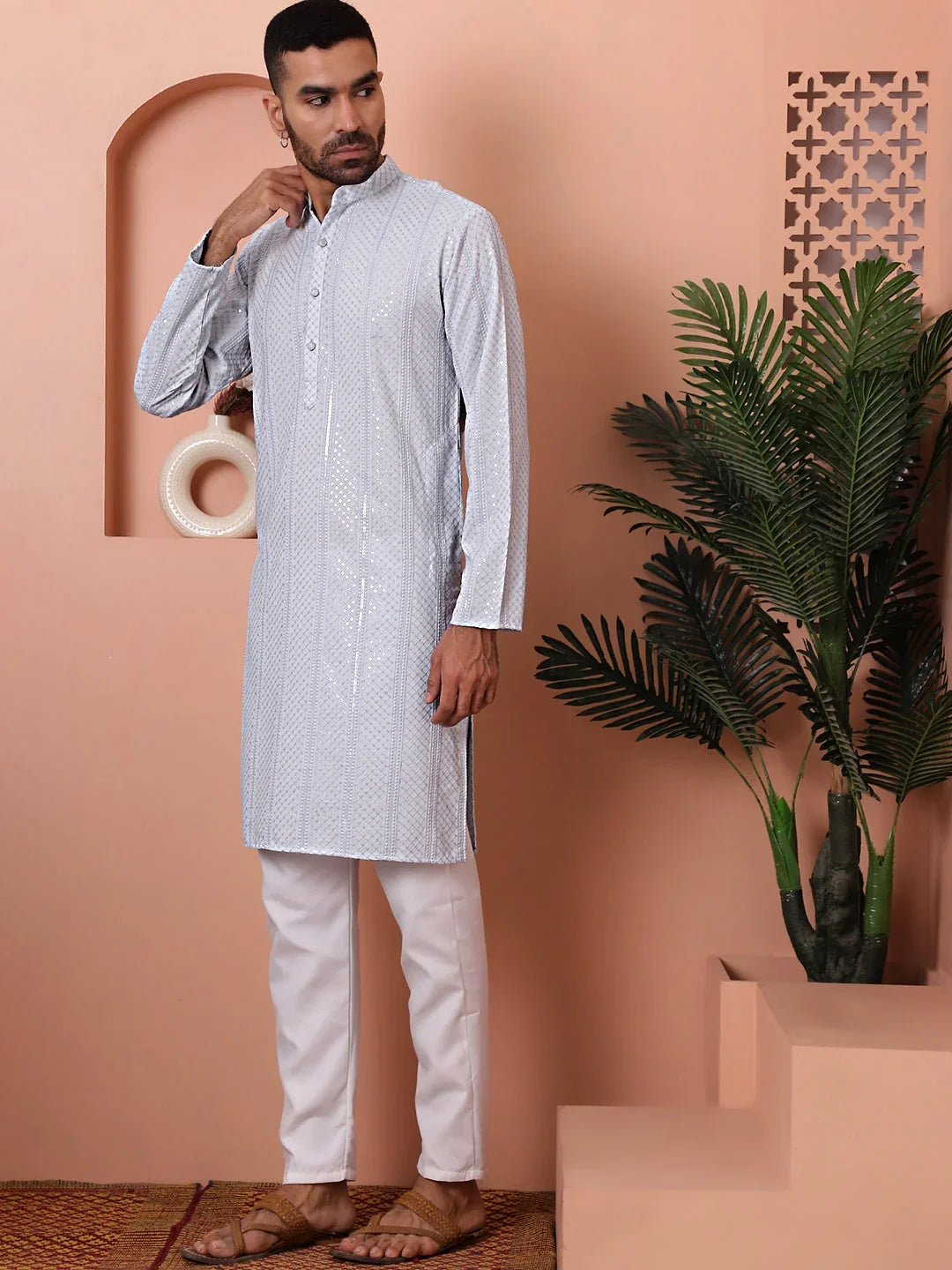 Men's Sequins Embroidered Kurta with Pyjama-JOKP-PW