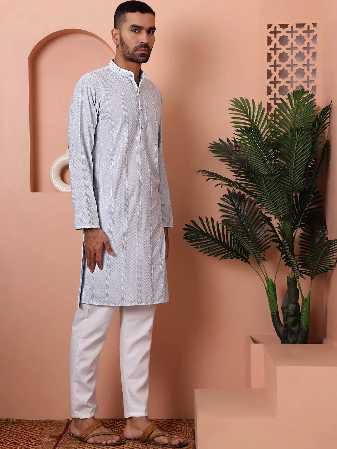 Men's Sequins Embroidered Kurta with Pyjama-JOKP-PW
