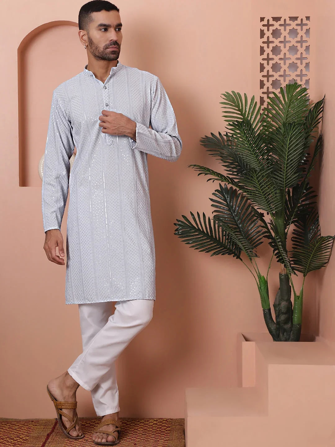 Men's Sequins Embroidered Kurta with Pyjama-JOKP-PW