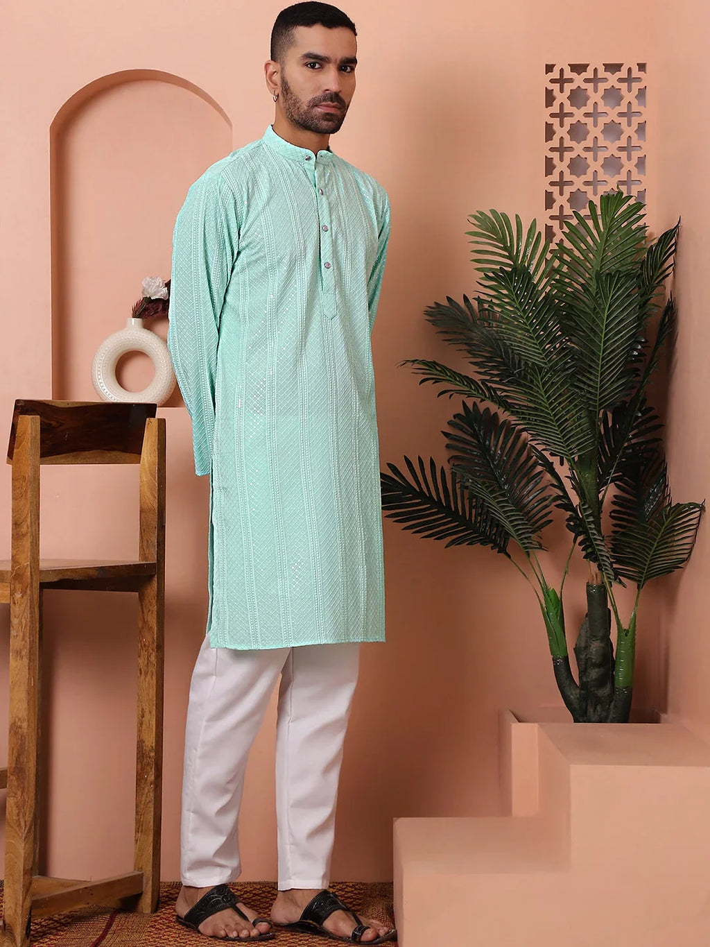 Men's Sequins Embroidered Kurta with Pyjama-JOKP-PA