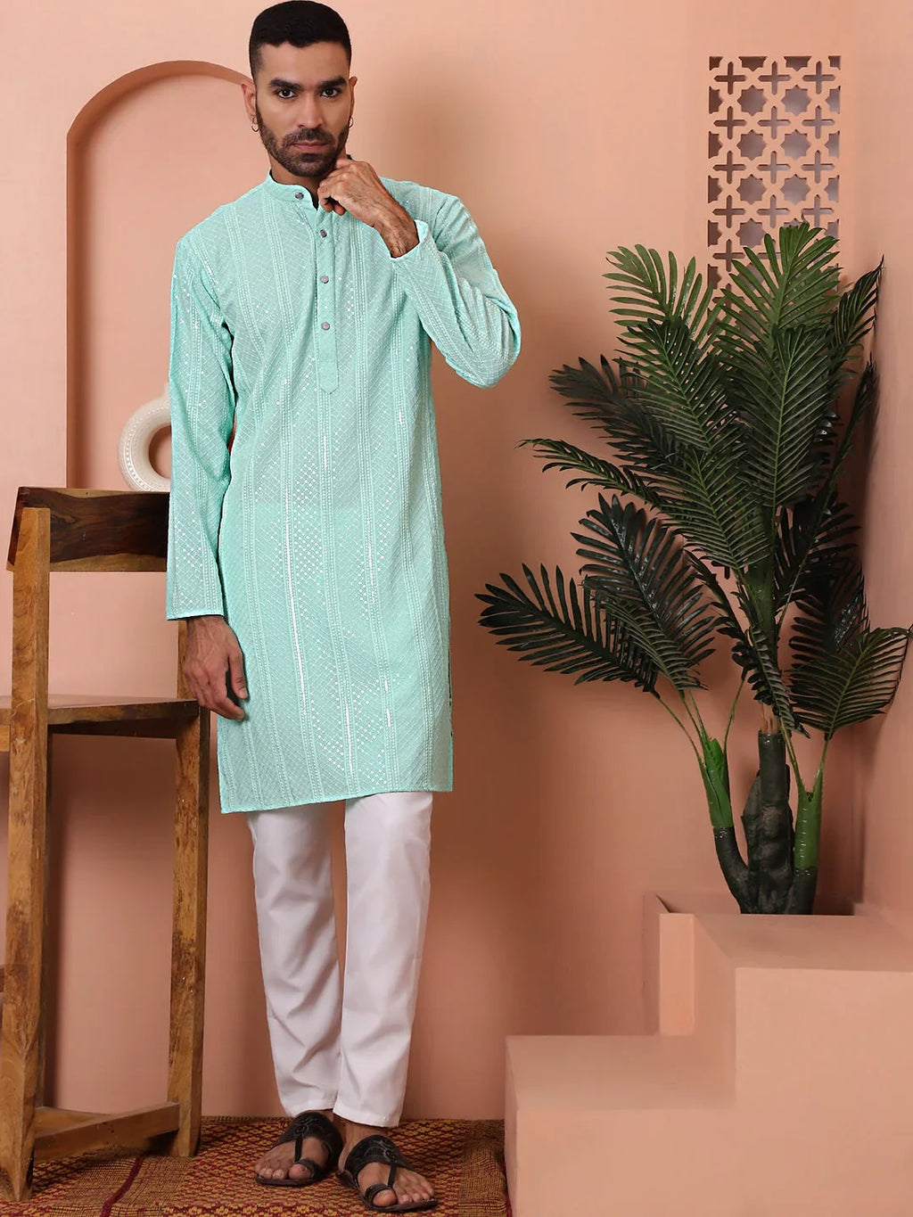 Men's Sequins Embroidered Kurta with Pyjama-JOKP-PA