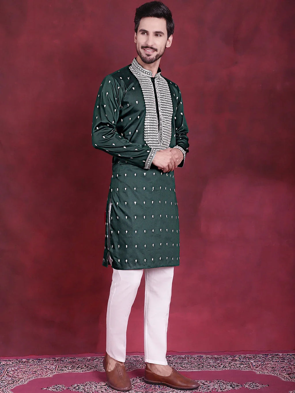 Men's Sequins Embroidered Kurta Pyjama Set ( JOKP 5019 Olive )