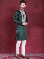 Men's Sequins Embroidered Kurta Pyjama Set ( JOKP 5019 Olive )