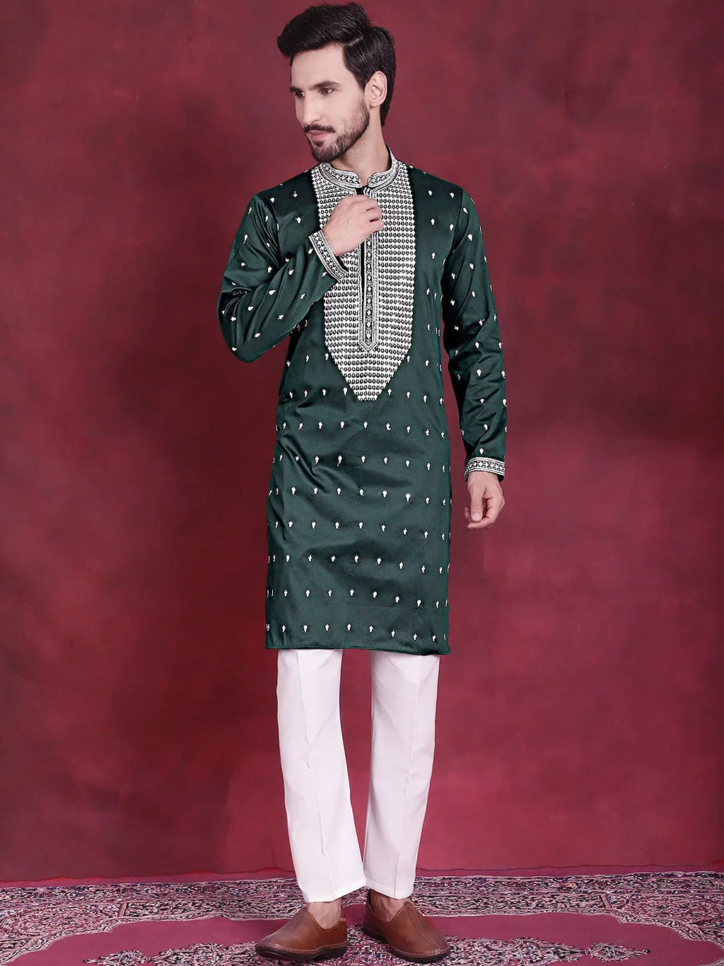 Men's Sequins Embroidered Kurta Pyjama Set ( JOKP 5019 Olive )