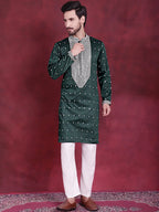 Men's Sequins Embroidered Kurta Pyjama Set ( JOKP 5019 Olive )