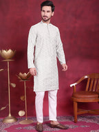 Men's Chikankari Embroidered Kurta Pyjama Set ( JOKP 5020 Pista )