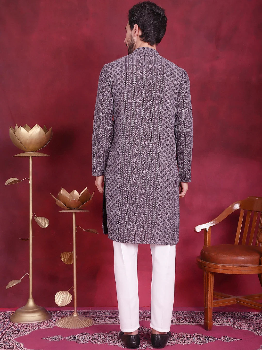 Men's Chikankari Embroidered Kurta Pyjama Set ( JOKP 5021 Grey )