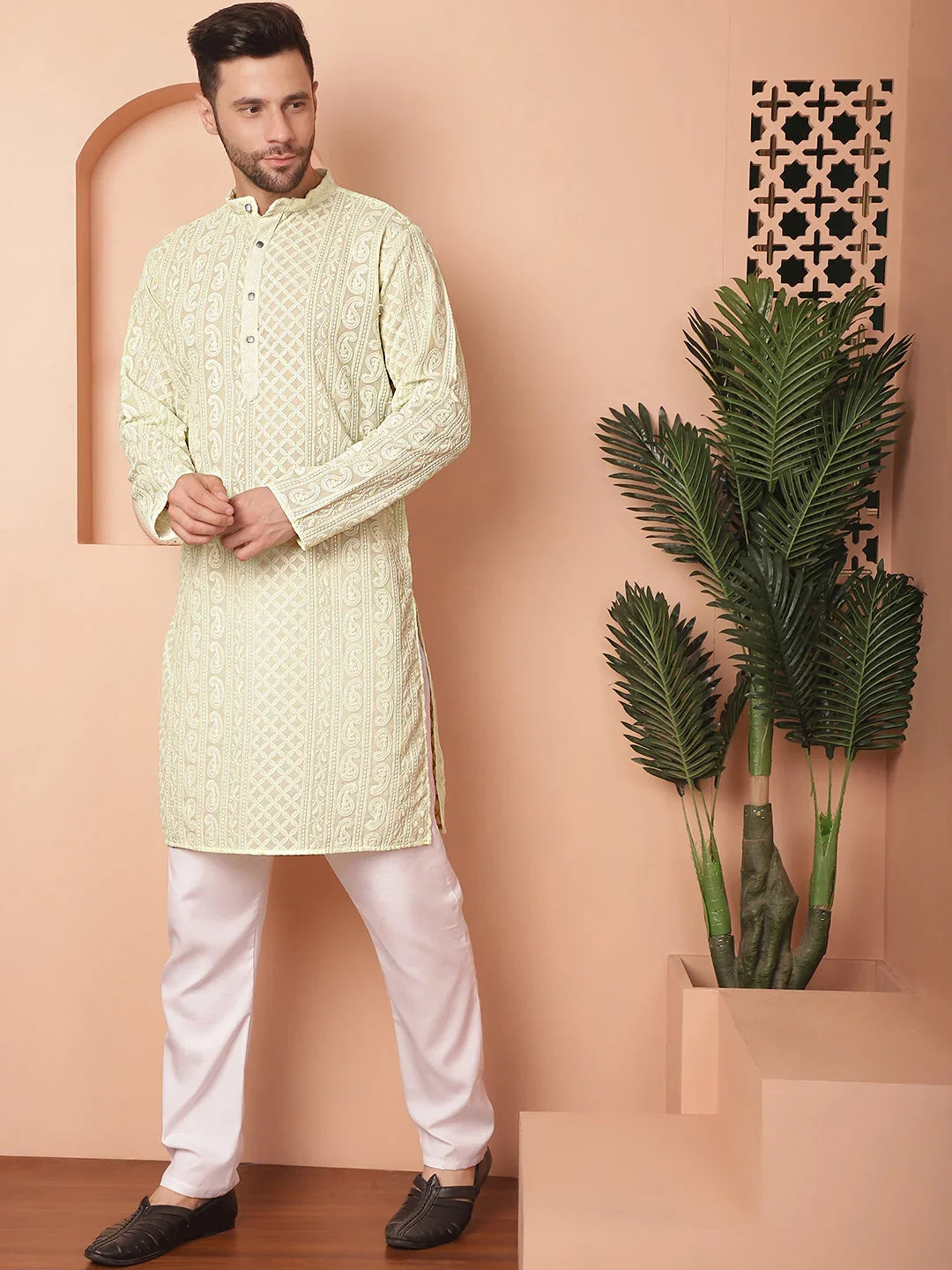 Men's Chikankari Embroidered Kurta Pyjama Set-JOKP-PA