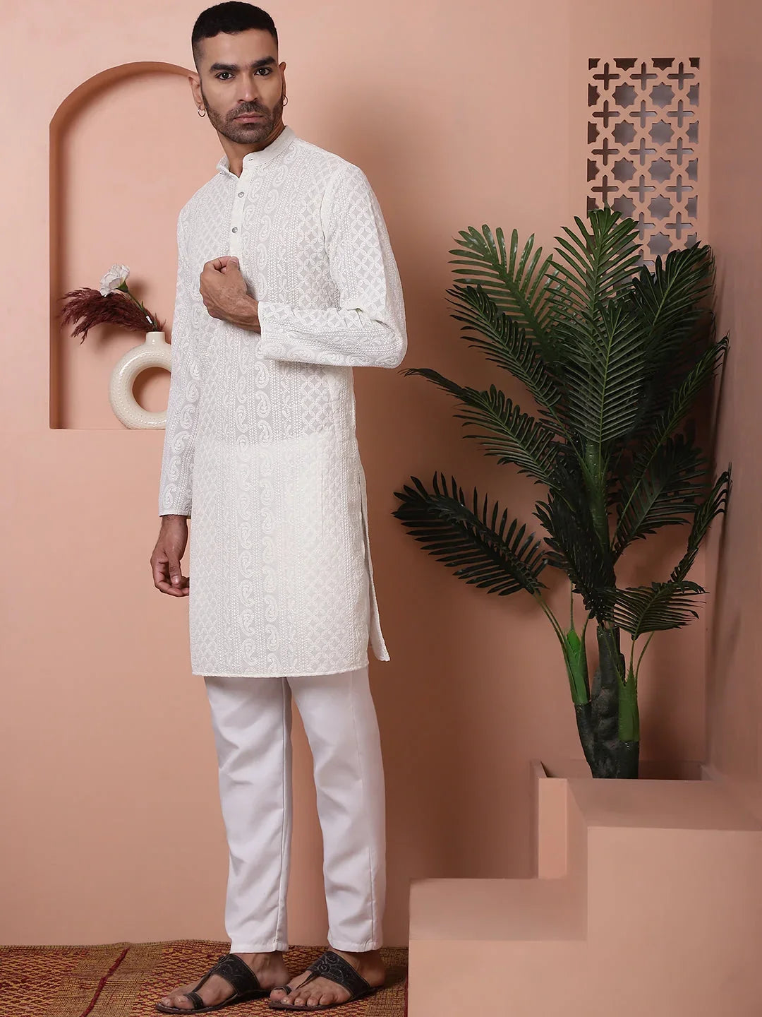 White Polyester Solid Indian Wear for Men | DesiQlo India
