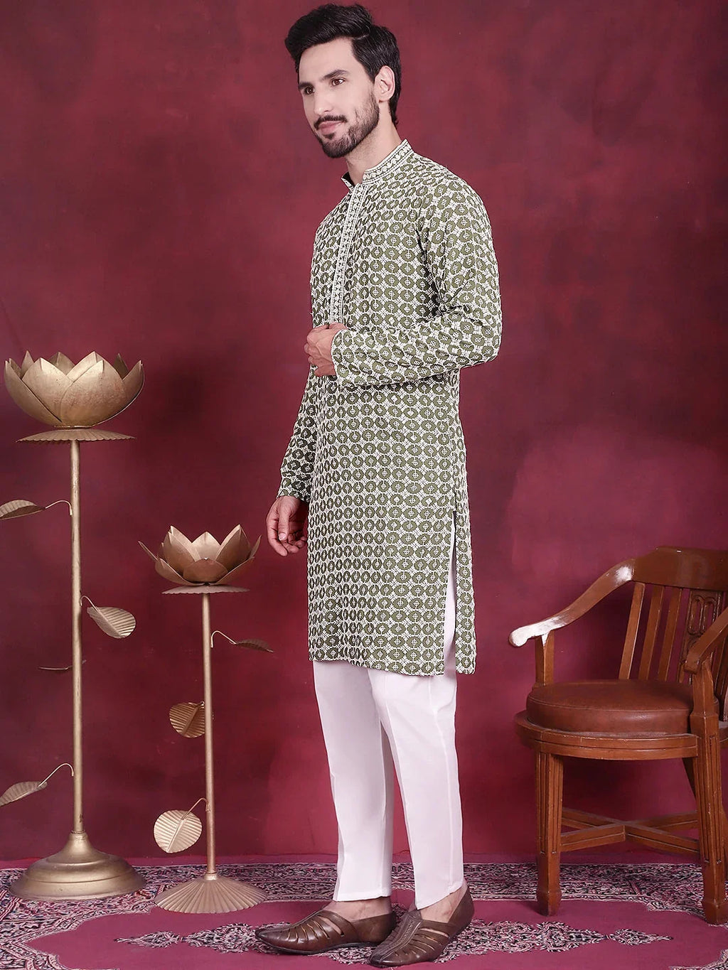 Men's Sequins Embroidered Kurta with Pyjama ( JOKP 5023 Mehndi )