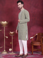 Men's Sequins Embroidered Kurta with Pyjama ( JOKP 5023 Mehndi )