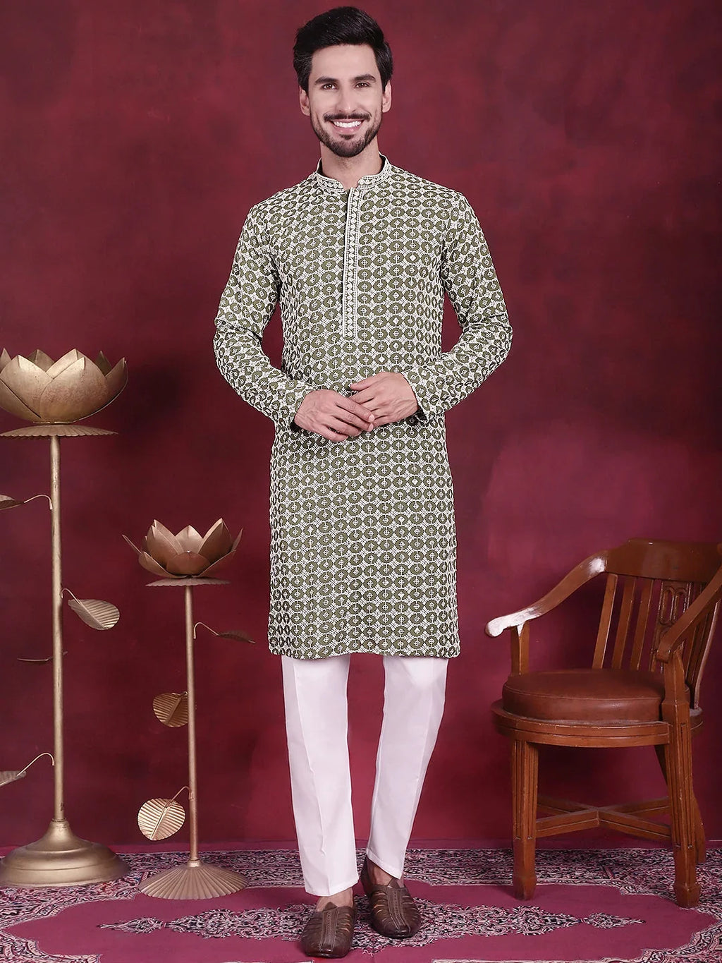 Men's Sequins Embroidered Kurta with Pyjama ( JOKP 5023 Mehndi )