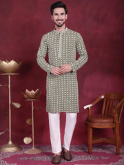 Men's Sequins Embroidered Kurta with Pyjama ( JOKP 5023 Mehndi )