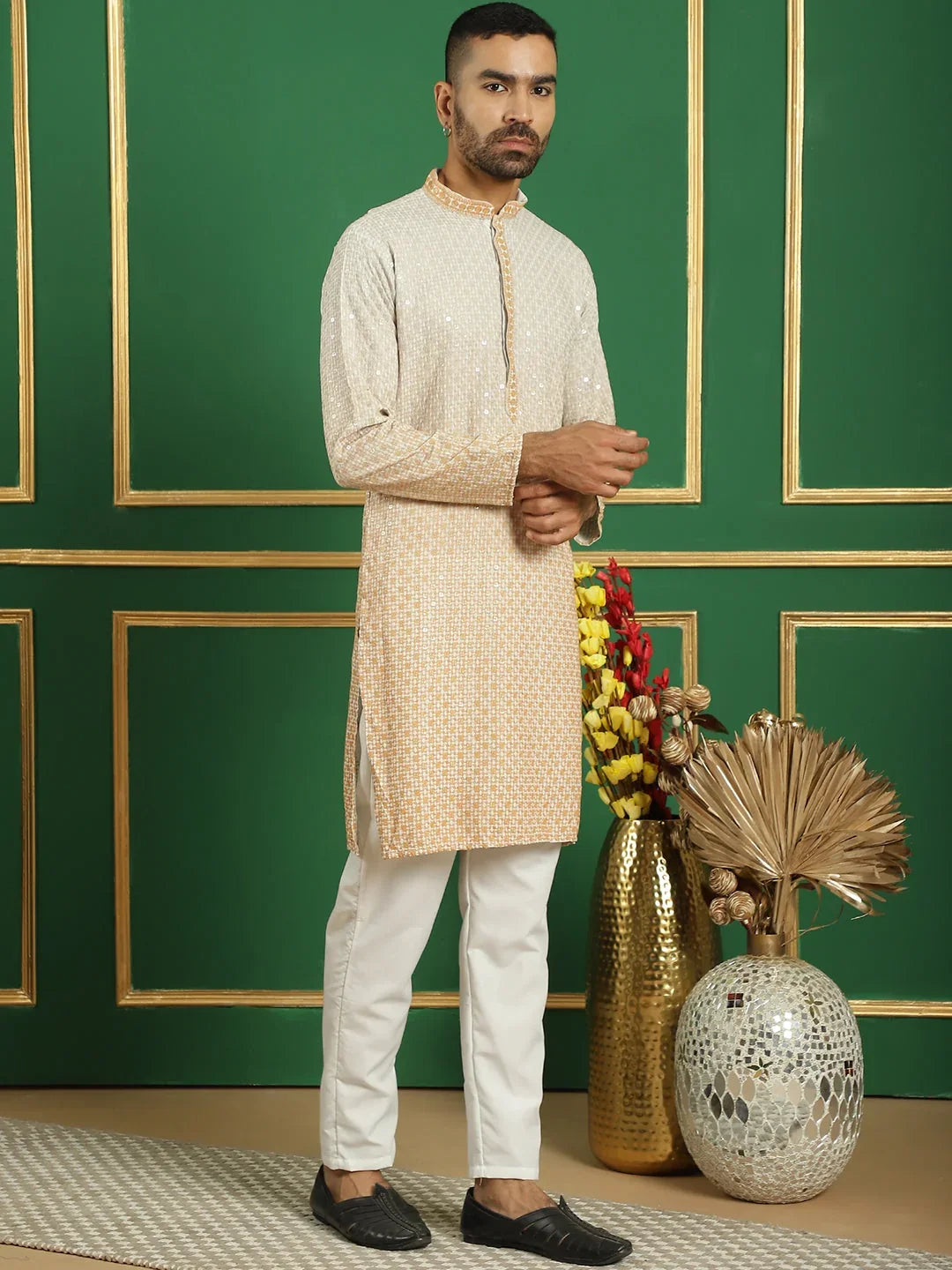 Men's Sequins Good Embroidered Kurta with Pyjama-JOKP-P