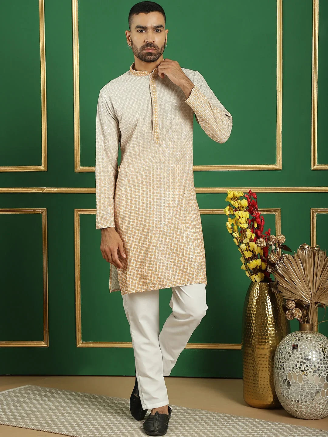 Men's Sequins Good Embroidered Kurta with Pyjama-JOKP-P