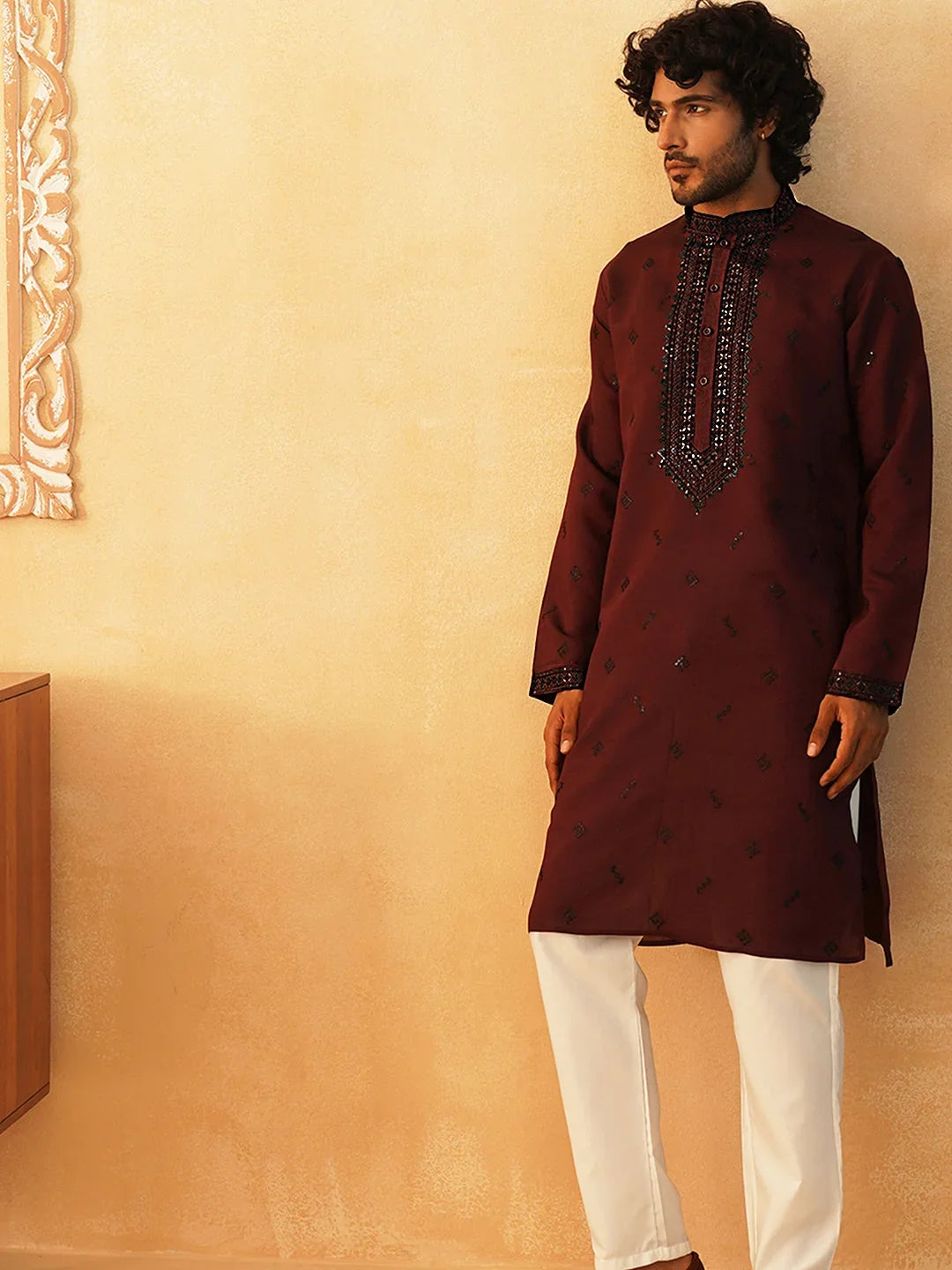 Sequins Embroidered Kurta Pyjama Set for Men-JOKP-P