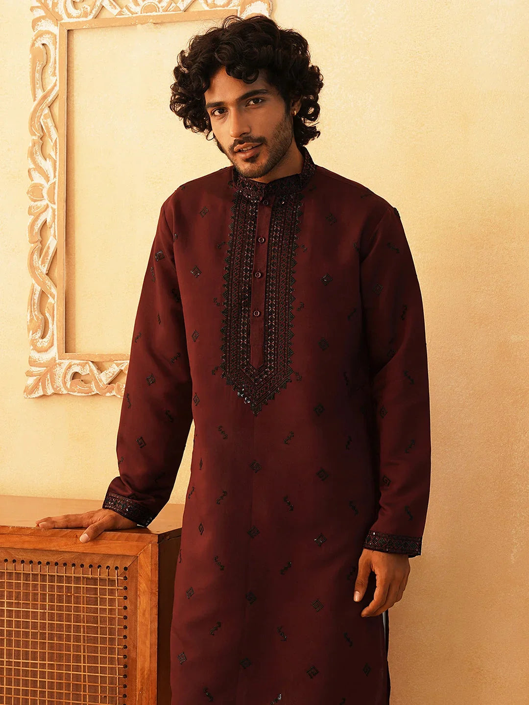 Sequins Embroidered Kurta Pyjama Set for Men-JOKP-P