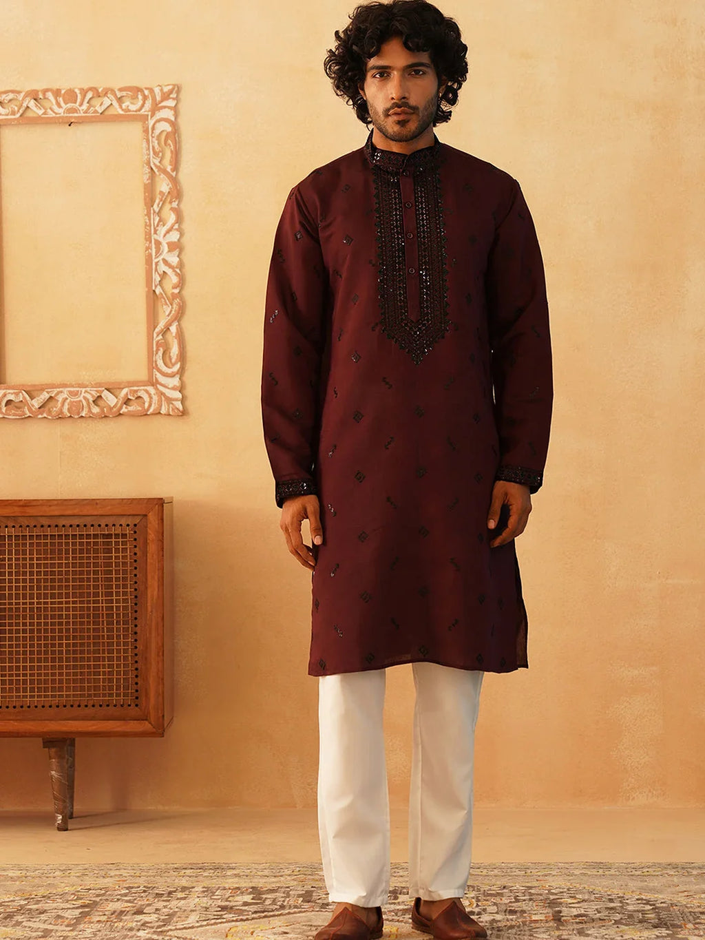 Sequins Embroidered Kurta Pyjama Set for Men-JOKP-P