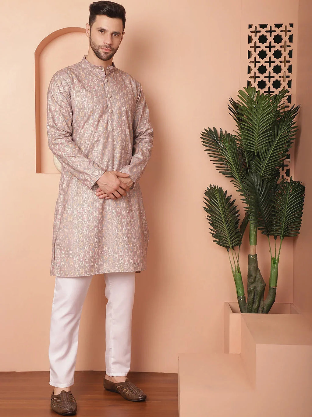 Peach Foil Printed Kurta with Pyjama-JOKP-P