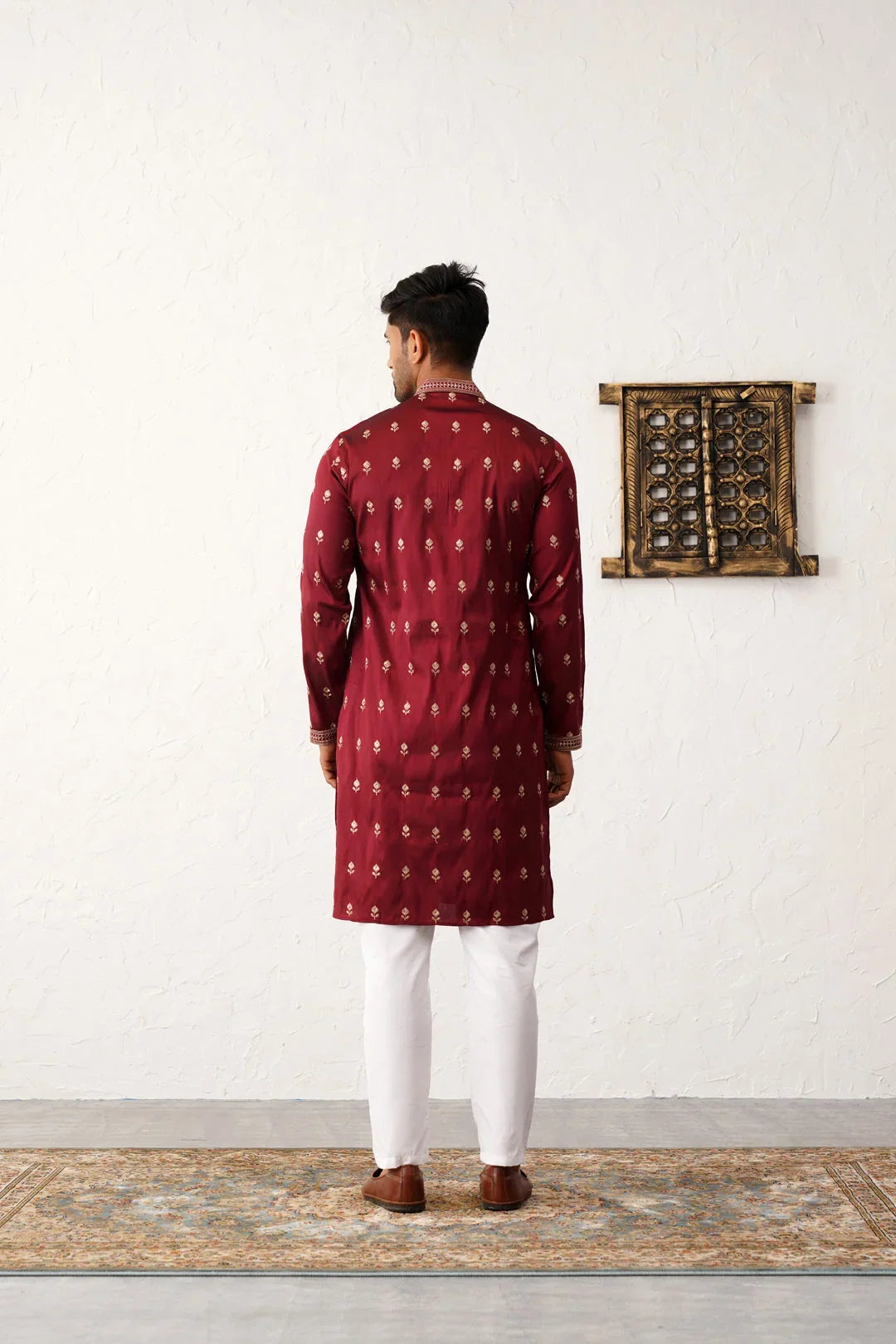 Men's Maroon Chikankari Embroidered Kurta With Pyjama-JOKP-P