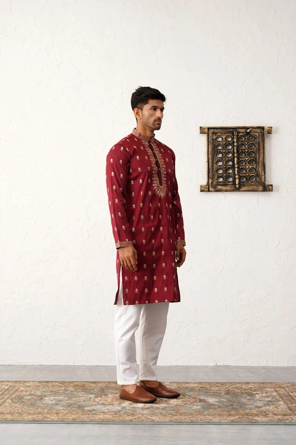 Men's Maroon Chikankari Embroidered Kurta With Pyjama-JOKP-P