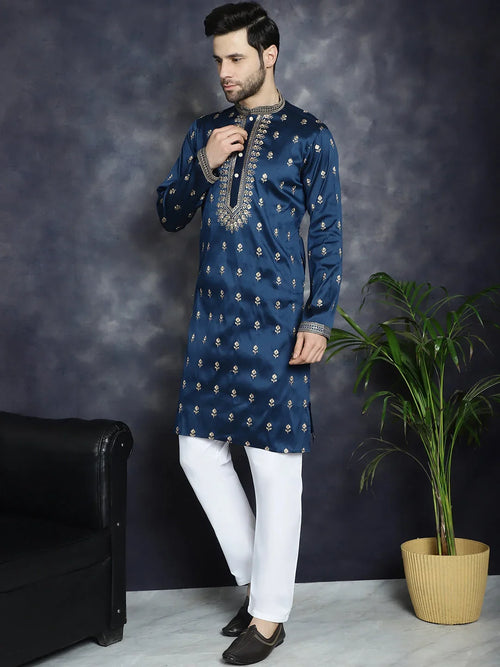 Men's Navy Blue Chikankari Embroidered Kurta With Pyjama ( JOKP P 5042Navy )