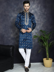 Men's Navy Blue Chikankari Embroidered Kurta With Pyjama ( JOKP P 5042Navy )