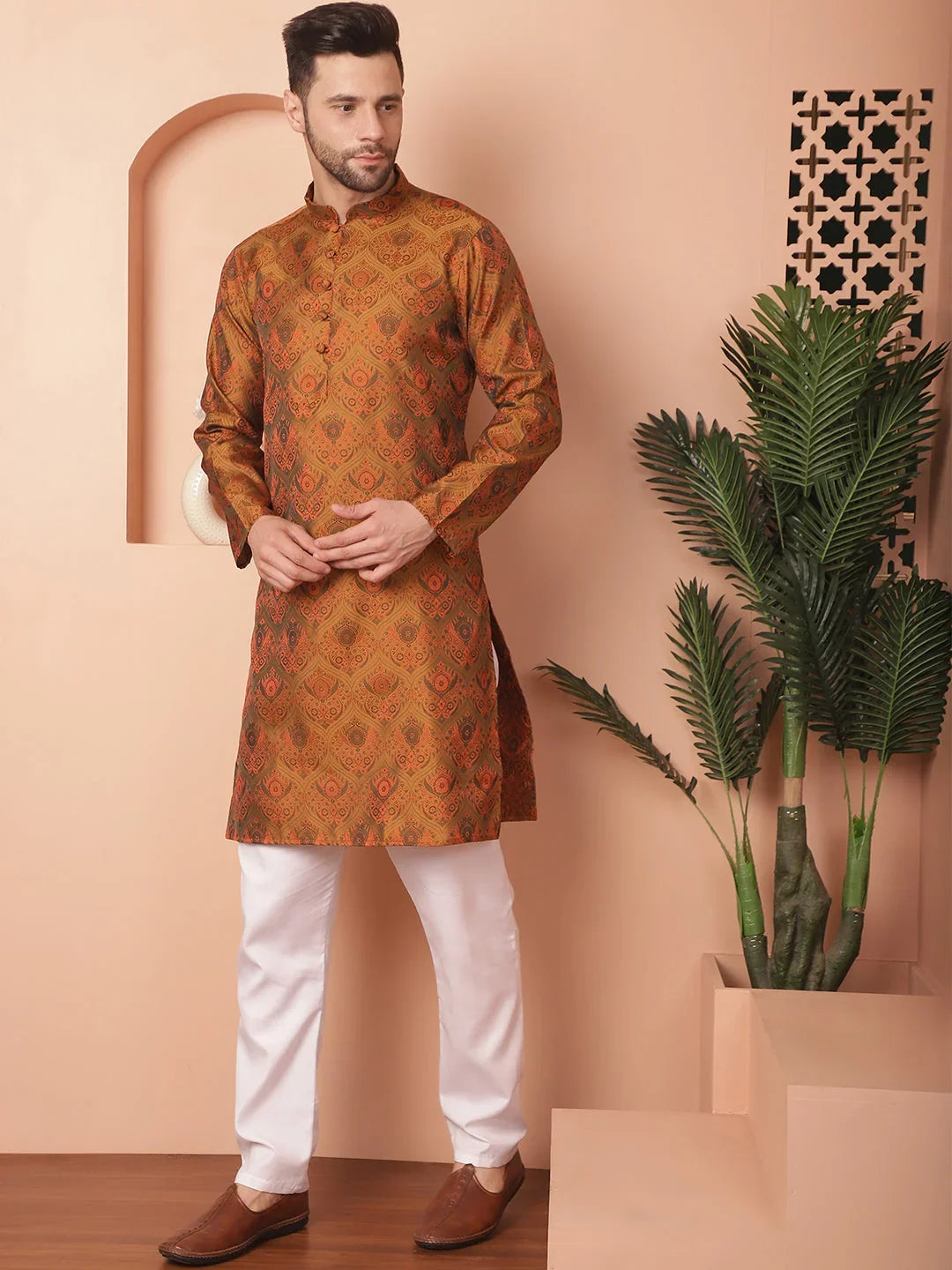 Men Gold Silk Blend Straight Kurta Pyjama Set-JOKP-P