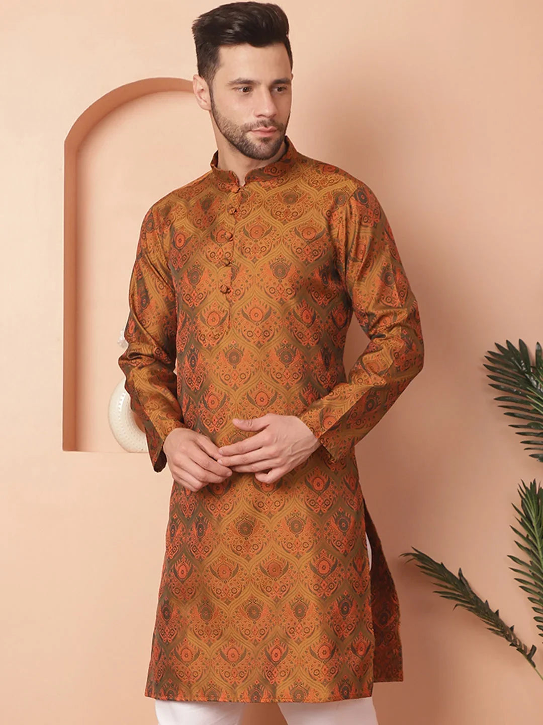 Men Golden Silk Blend Straight Kurtas-KO-5043Mustard