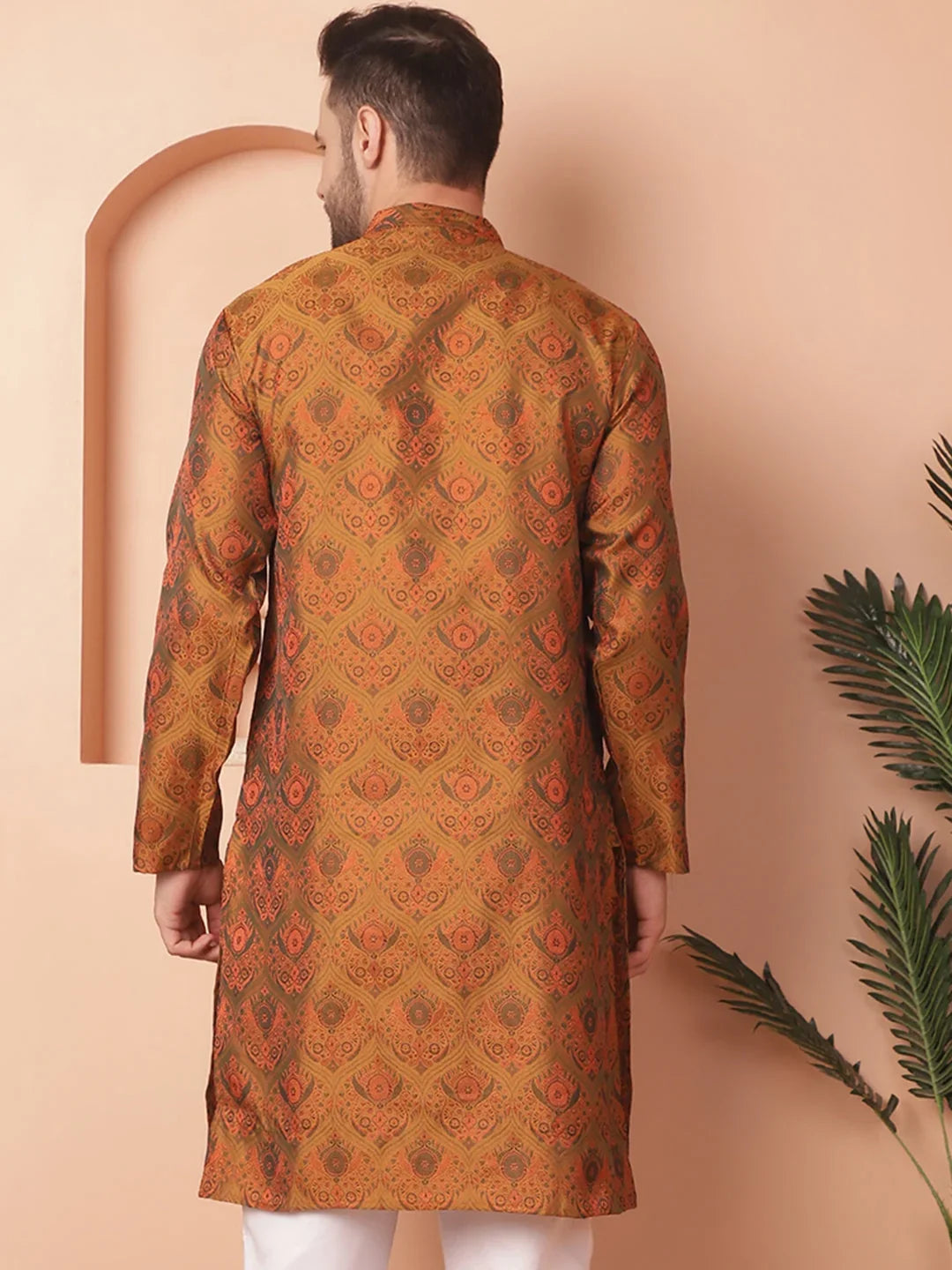 Men Golden Silk Blend Straight Kurtas-KO-5043Mustard