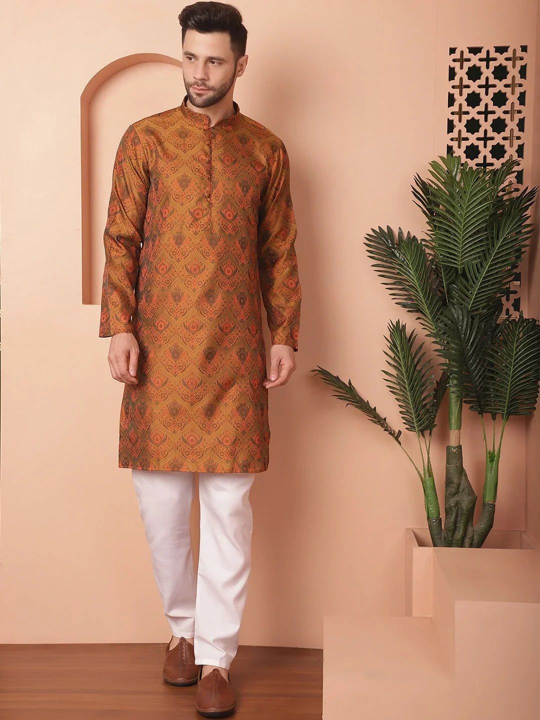 Men Golden Silk Blend Straight Kurtas-KO-5043Mustard