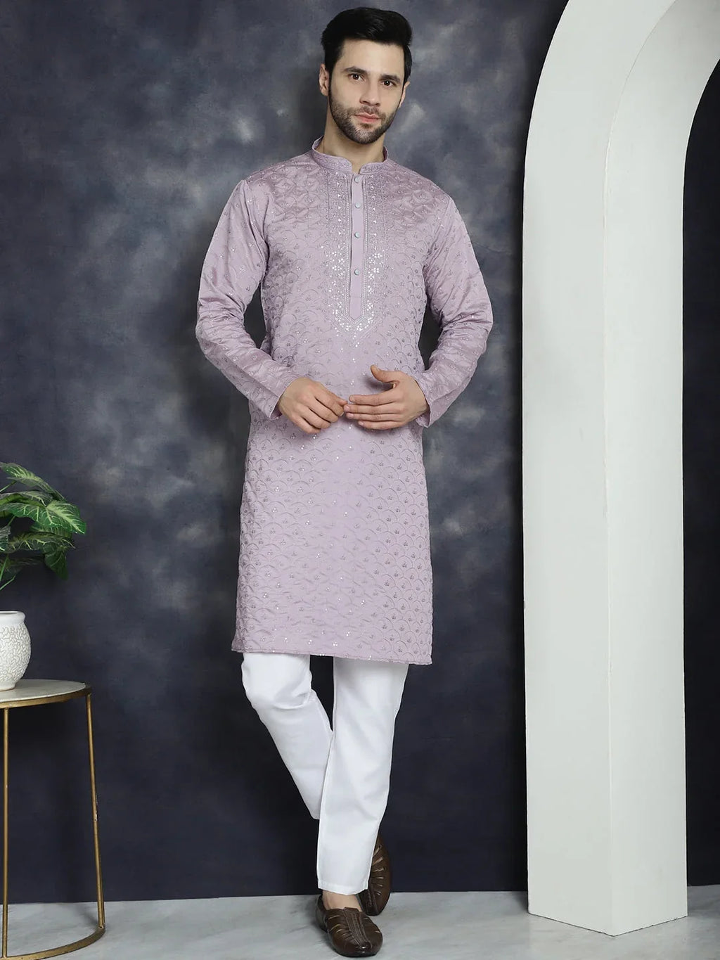 Men's Sequins Embroidered Kurta With Pyjama ( JOKP P 5044Purple )